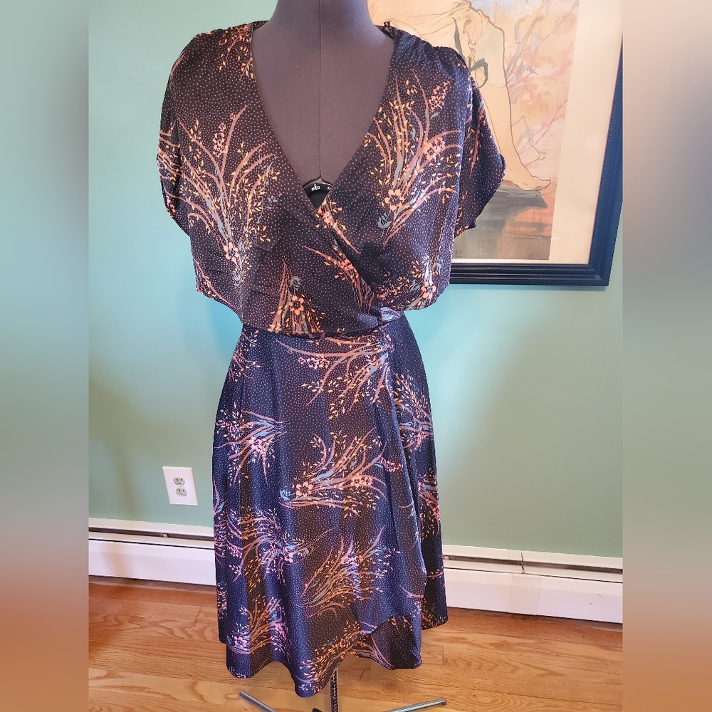 Vintage Elegant Black and Pink Floral Wrapped Dress